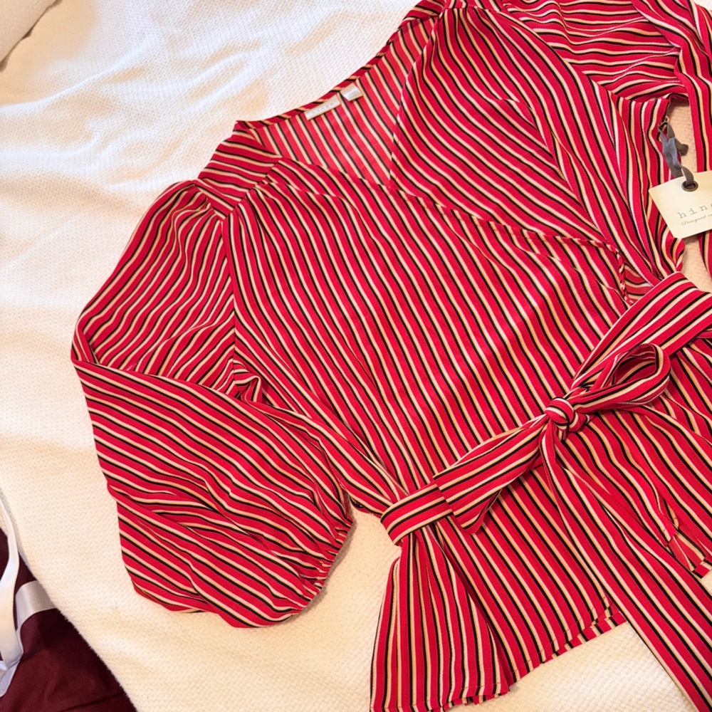 HINGE Striped Wrap Blouse Tie Bow Waist Red & White Stripe Puff Long Sleeve Top - Picture 5 of 16